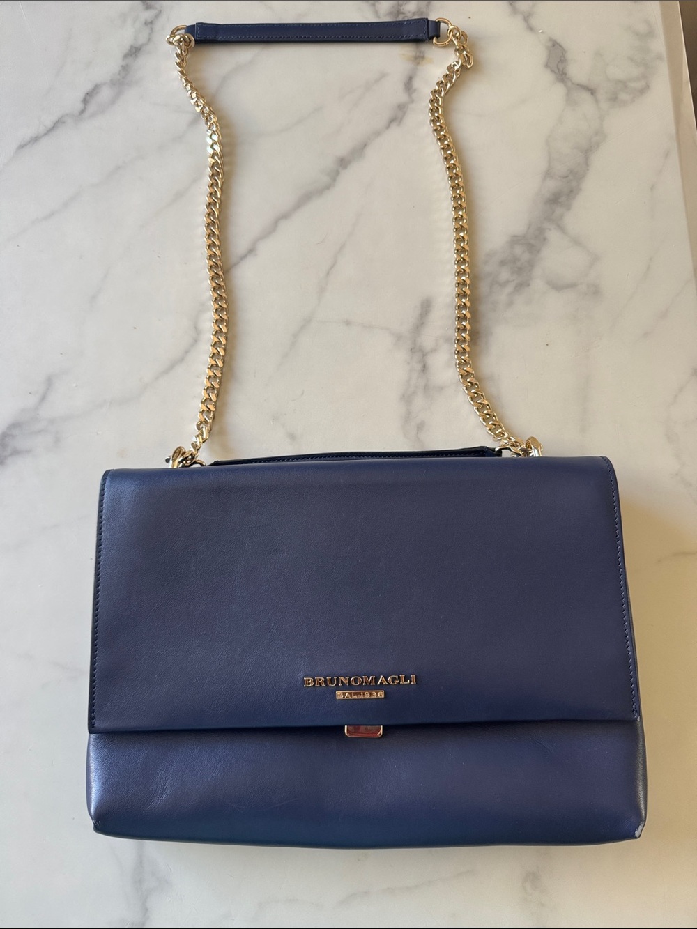 Bruno Magli Navy Leather Shoulder Bag with Gold Chain Strap